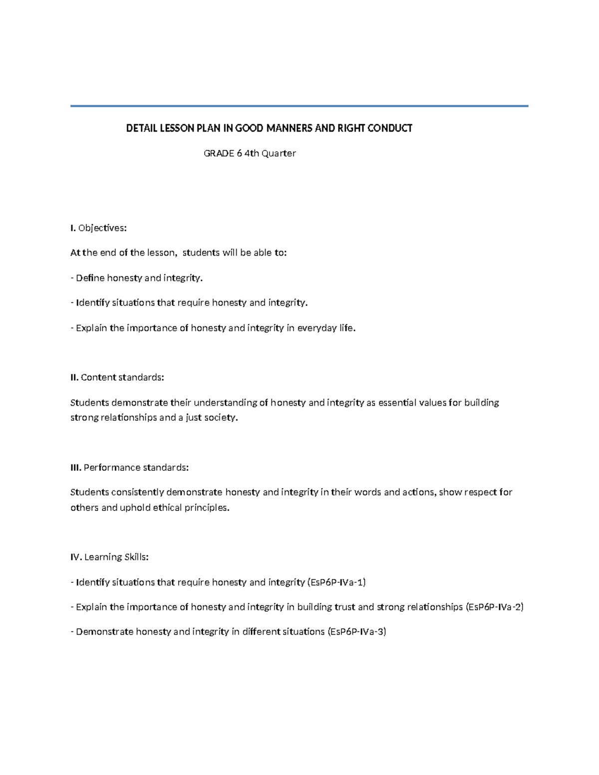 Grade 6 GMRC Lesson Plan: Honesty and Integrity for 4th Quarter - Studocu