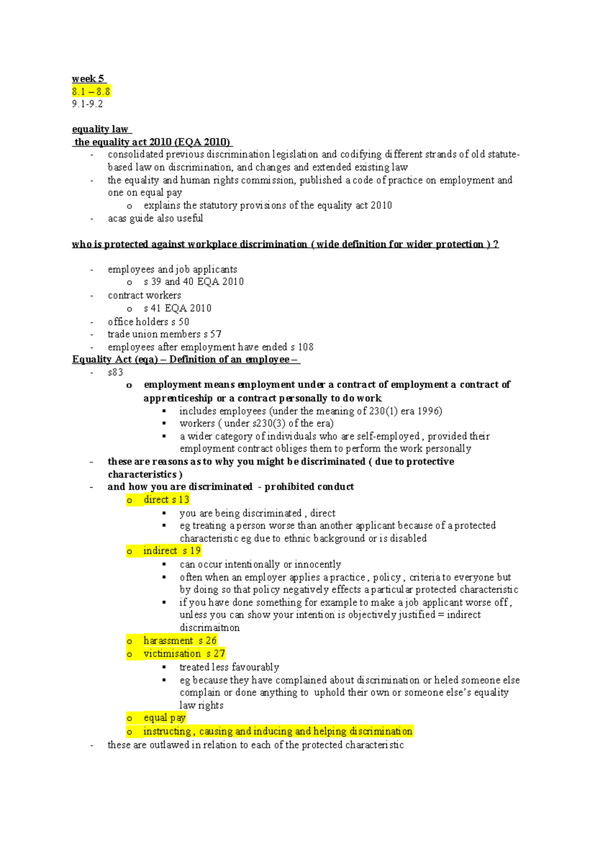 Week 5 reading - Employment Law - week 5 8 – 8. 9-9. equality law the ...