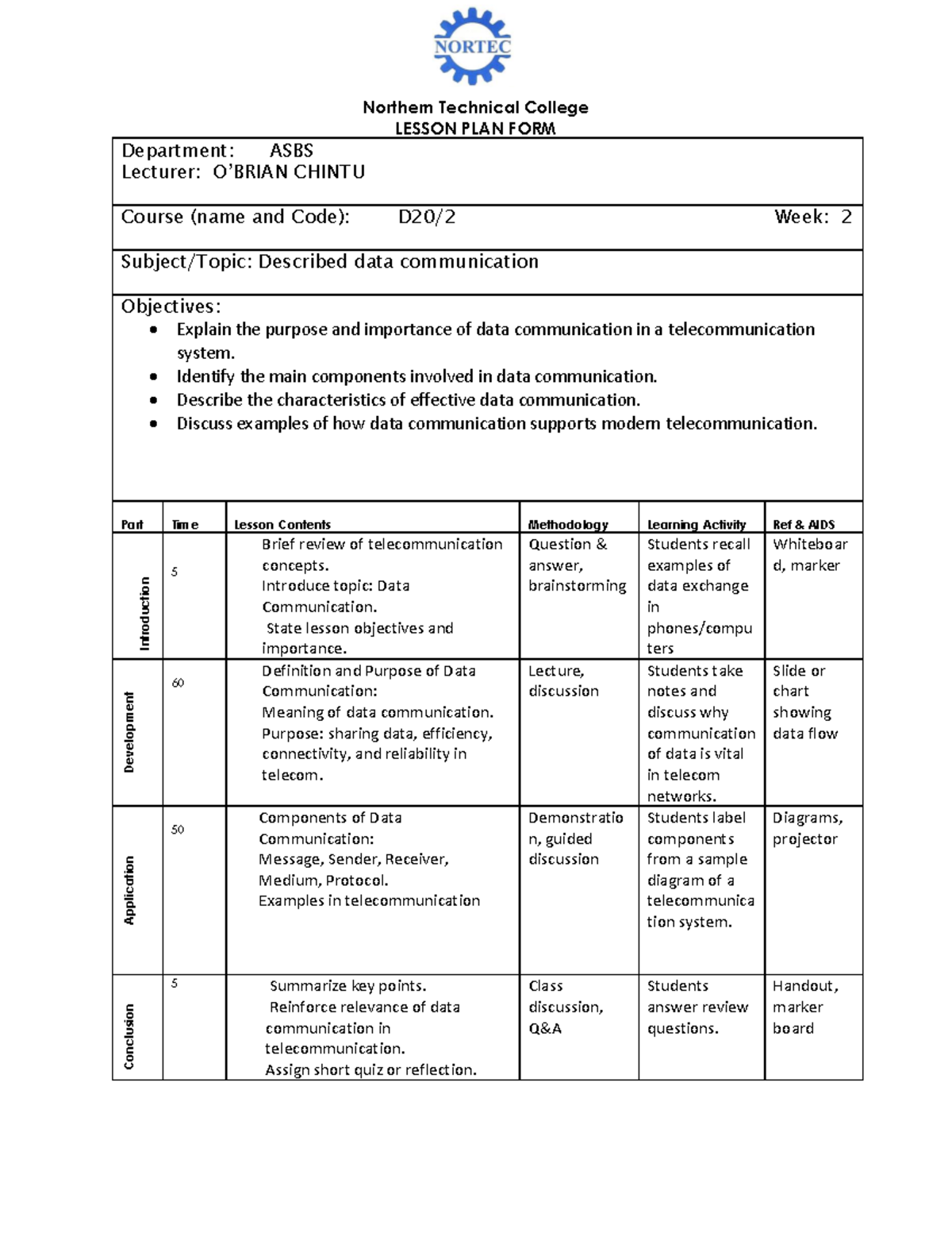 Northern Technical College ASBS Week 2 Lesson Plan: Data Communication ...