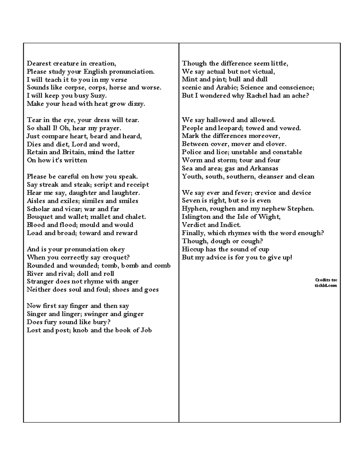 English Pronunciation Poem Dearest Creature In Creation