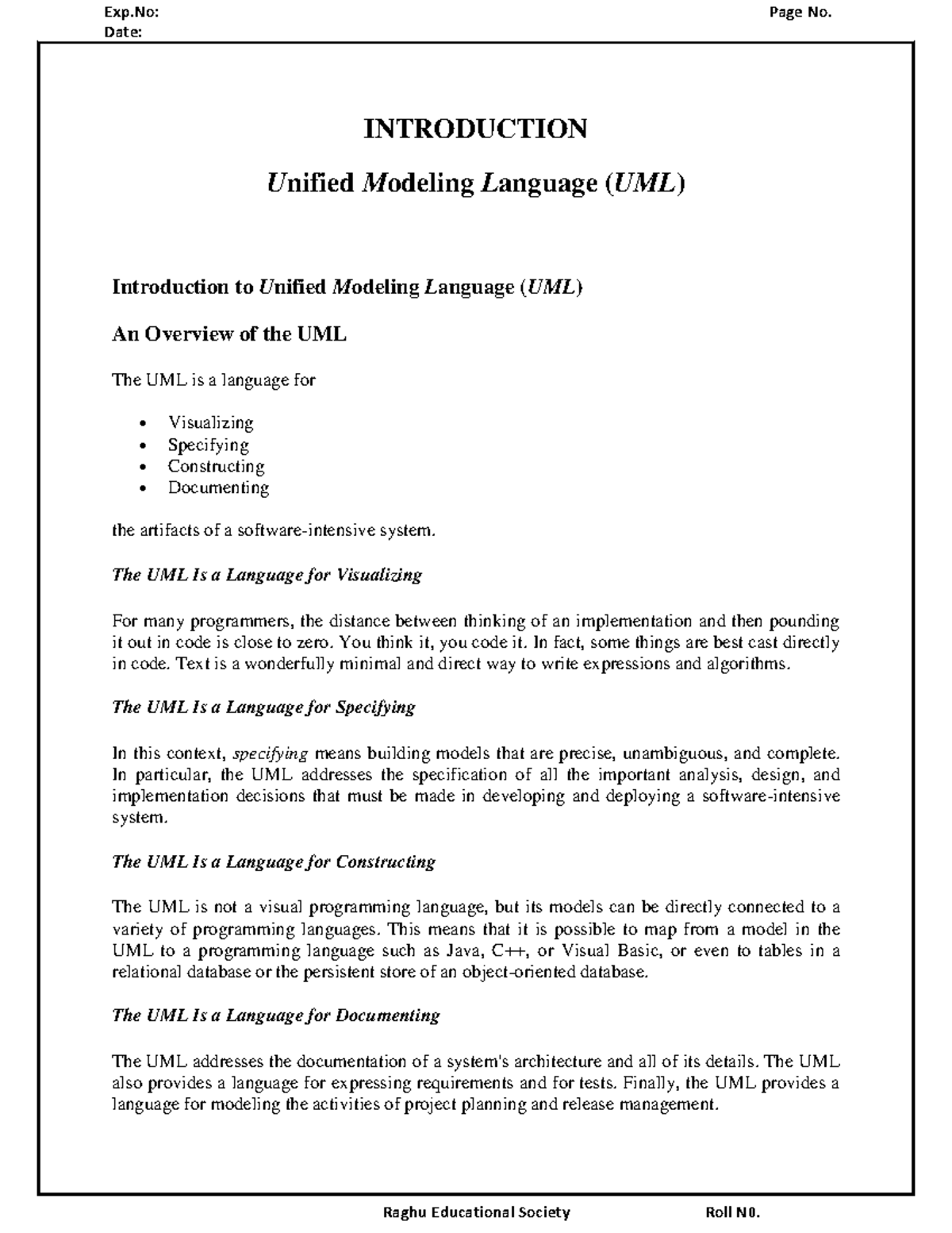 UML R13 Complete Lab Manual - Date: Raghu Educational Society Roll N0 ...