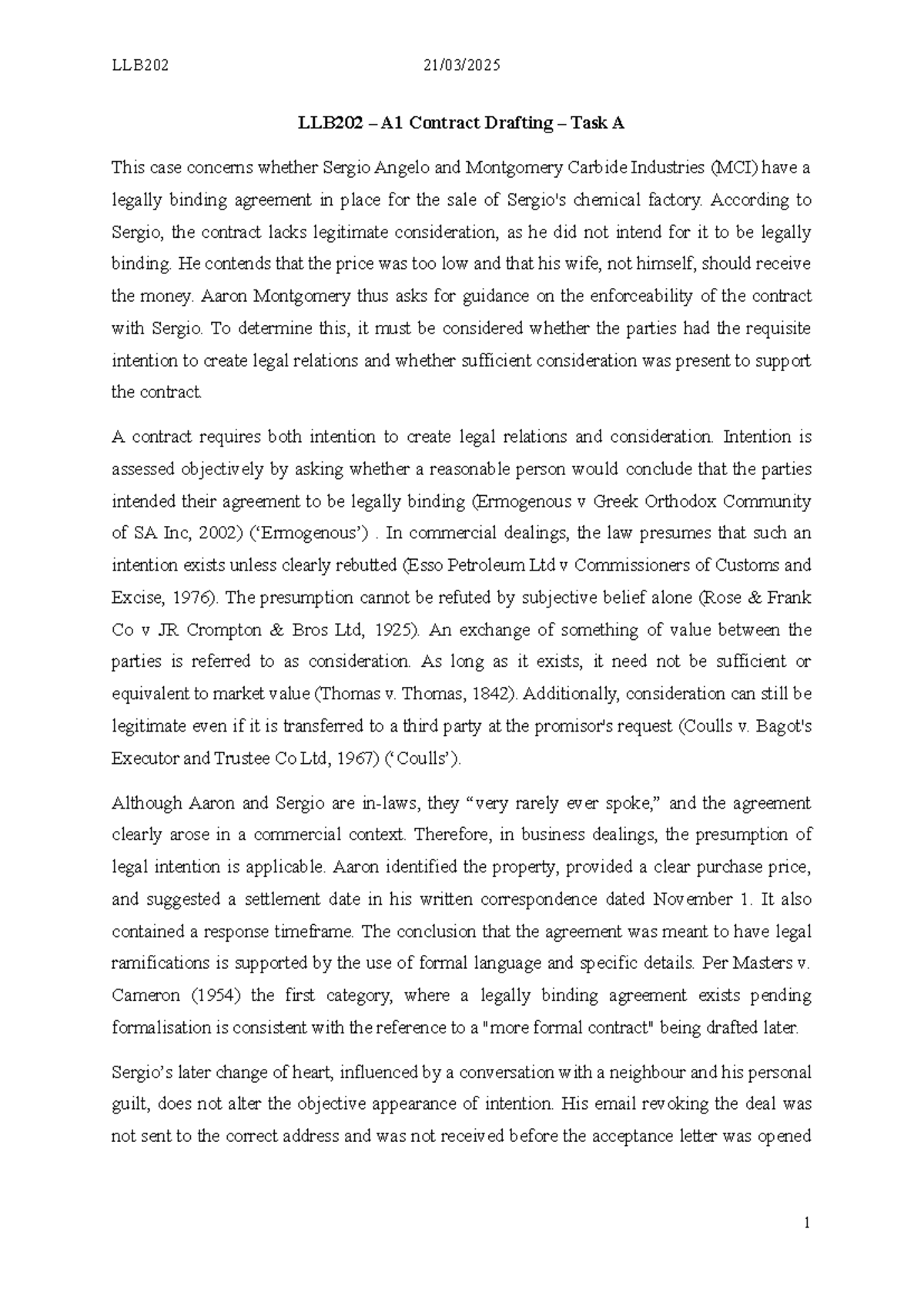 LLB202 A1 Contract Drafting Task: Analyzing Legal Intention and ...