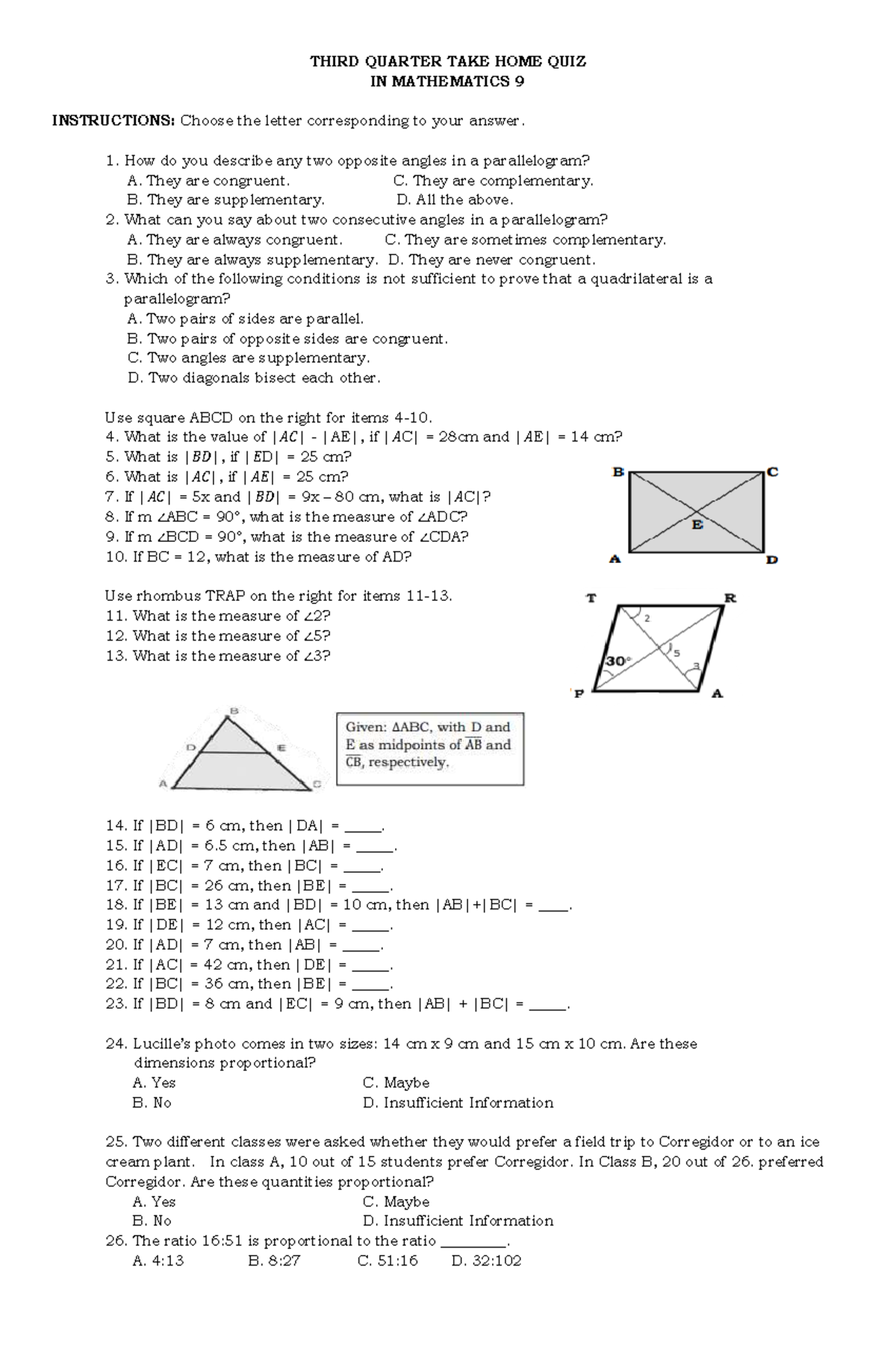 MATHEMATICS 9: 3rd Quarter Take Home Quiz - Studocu