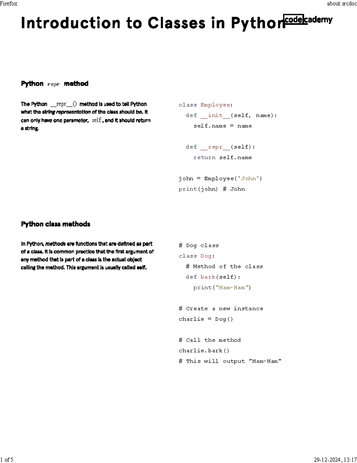 Classes in python - repr() self class Employee: def init(self, name ...