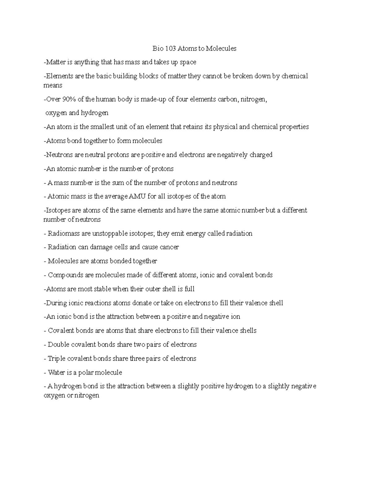 Bio 103 Lecture Notes on Atoms and Molecules Concepts - Studocu