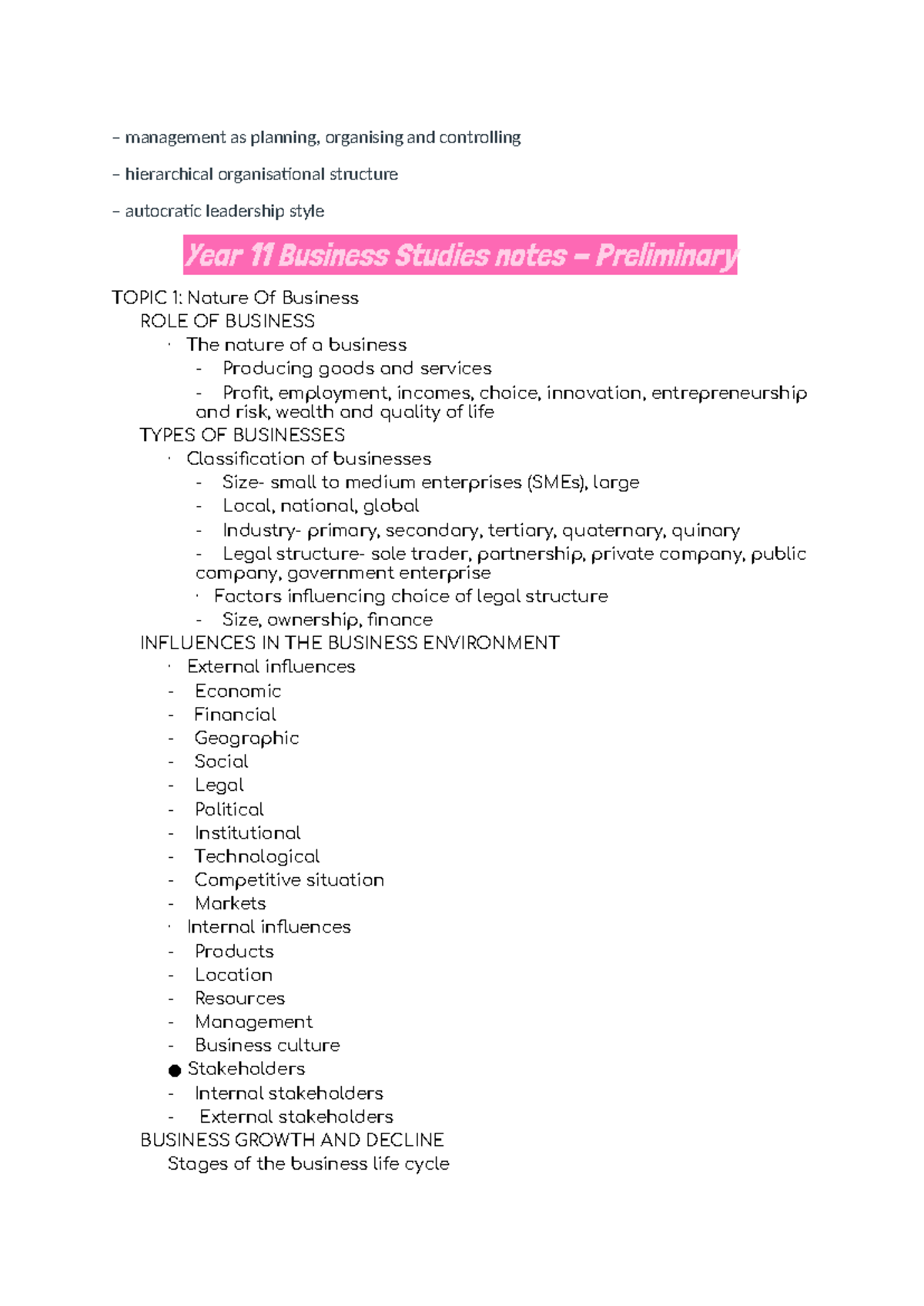 Year 11 Business Studies - Preliminary Notes on Business Management ...