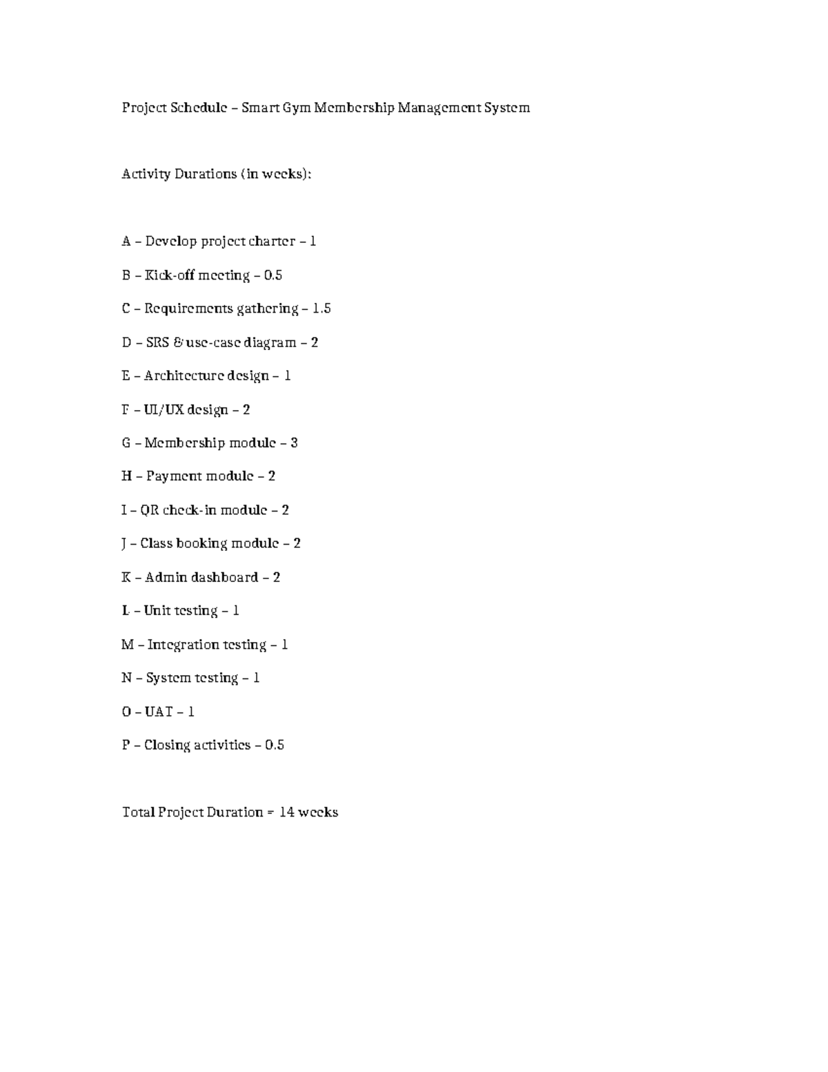 Request 4 Project Schedule - Project Schedule – Smart Gym Membership ...