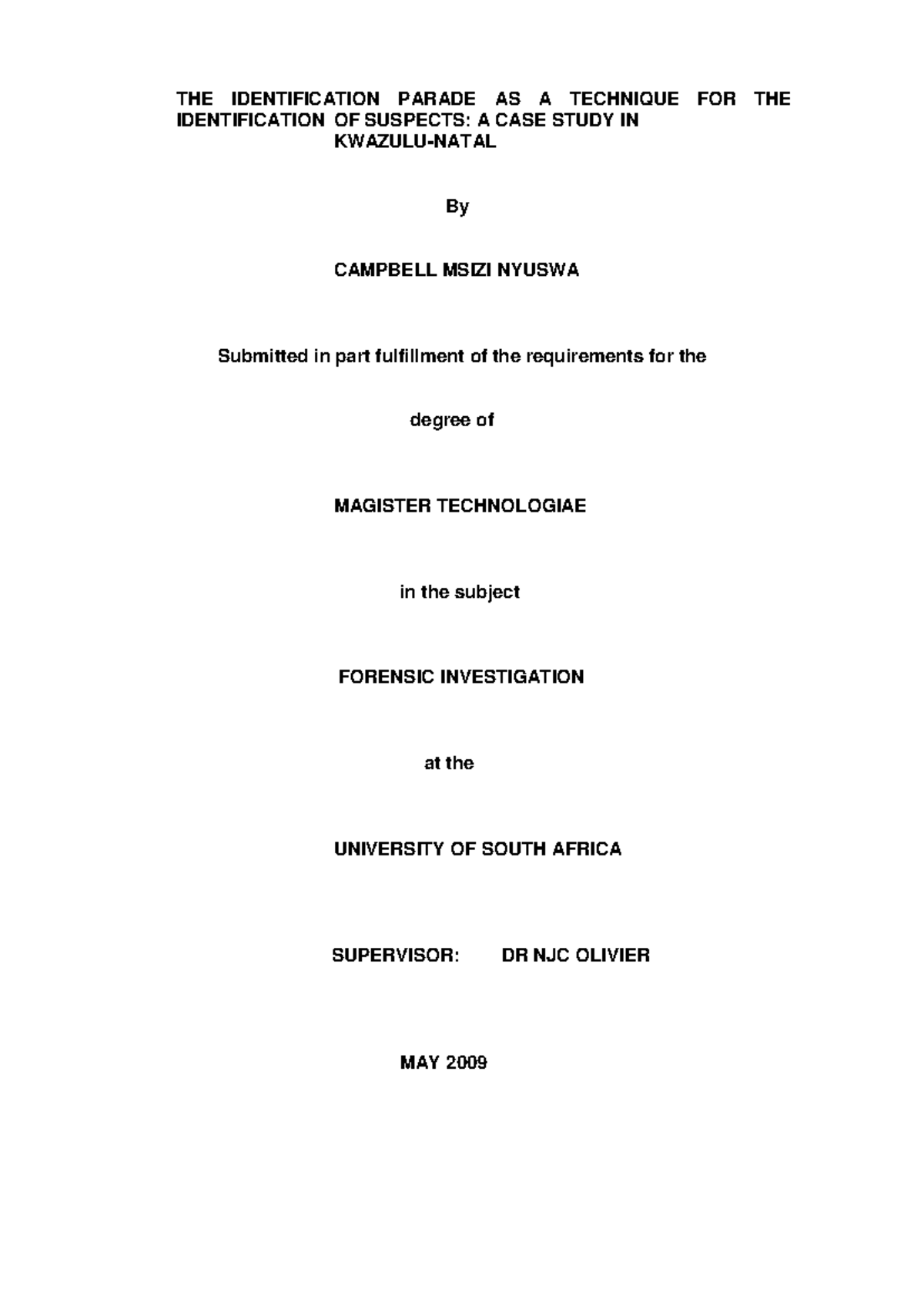 Identification Parade in Forensic Investigation: A Case Study in KZN ...