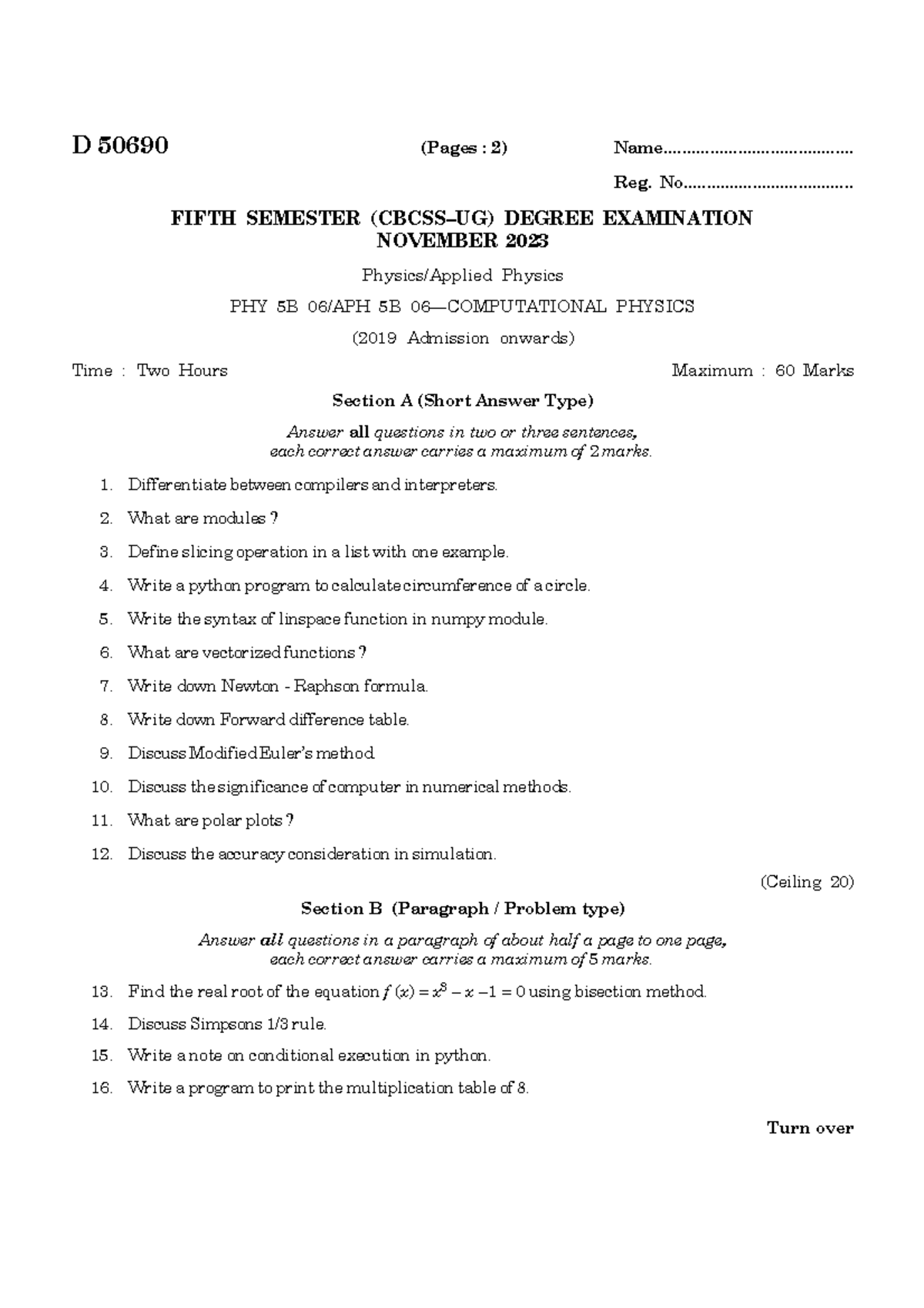 FIFTH SEMESTER DEGREE EXAMINATION NOV 2023 - PHY 5B Question Paper ...