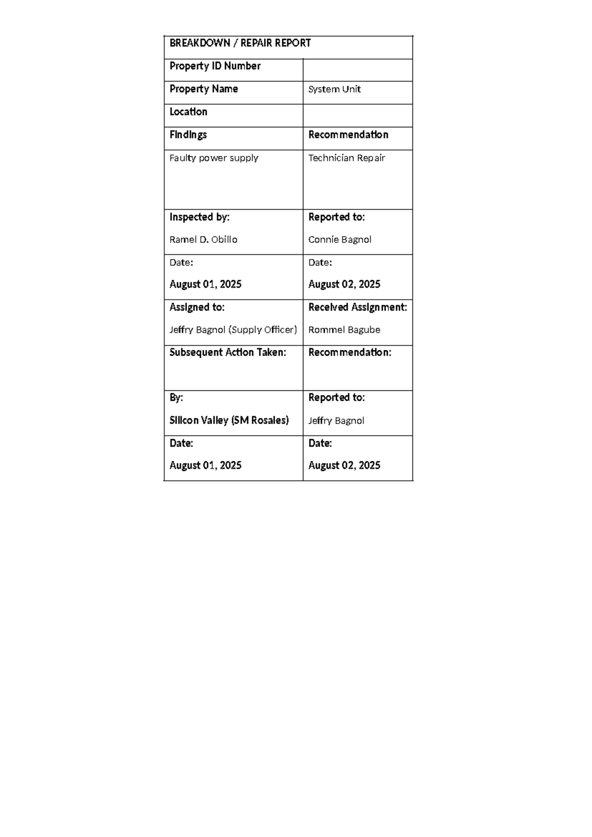 Breakdown- Report - TM 1 - BREAKDOWN / REPAIR REPORT Property ID Number ...