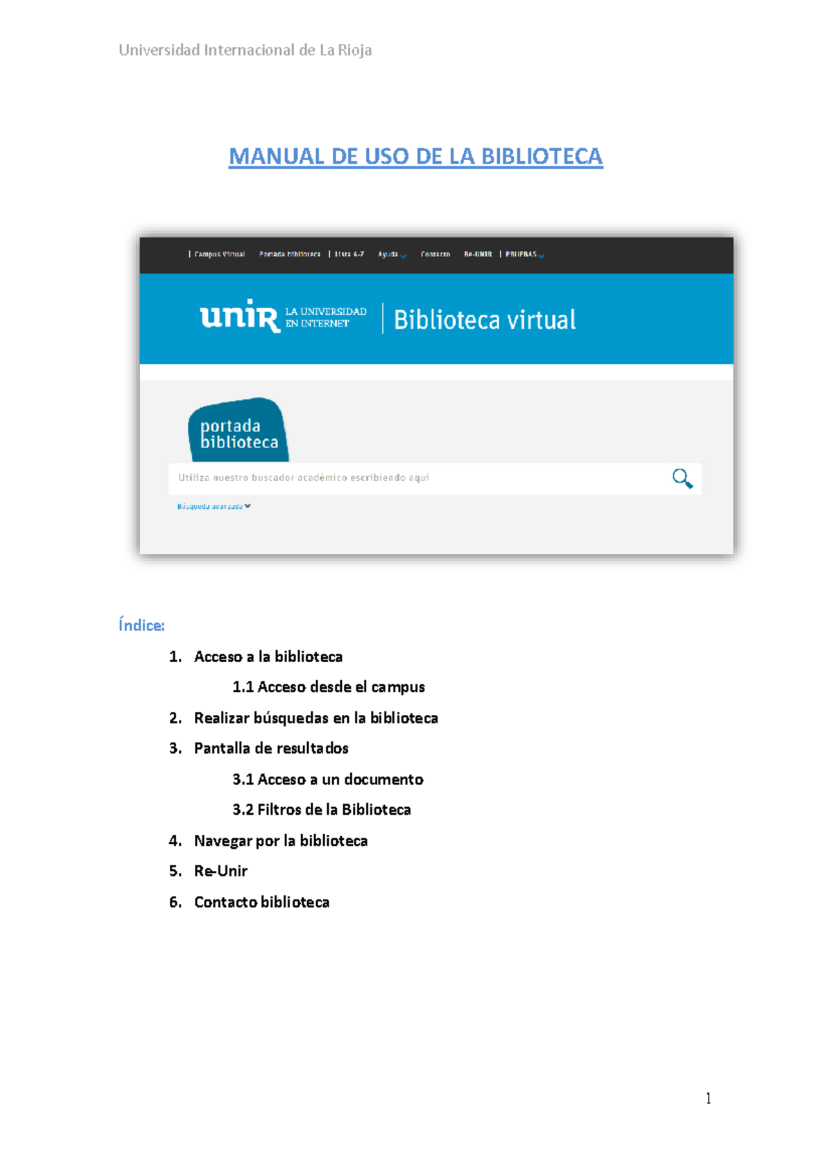 Manual de Uso de la Biblioteca Virtual de UNIR - Studocu