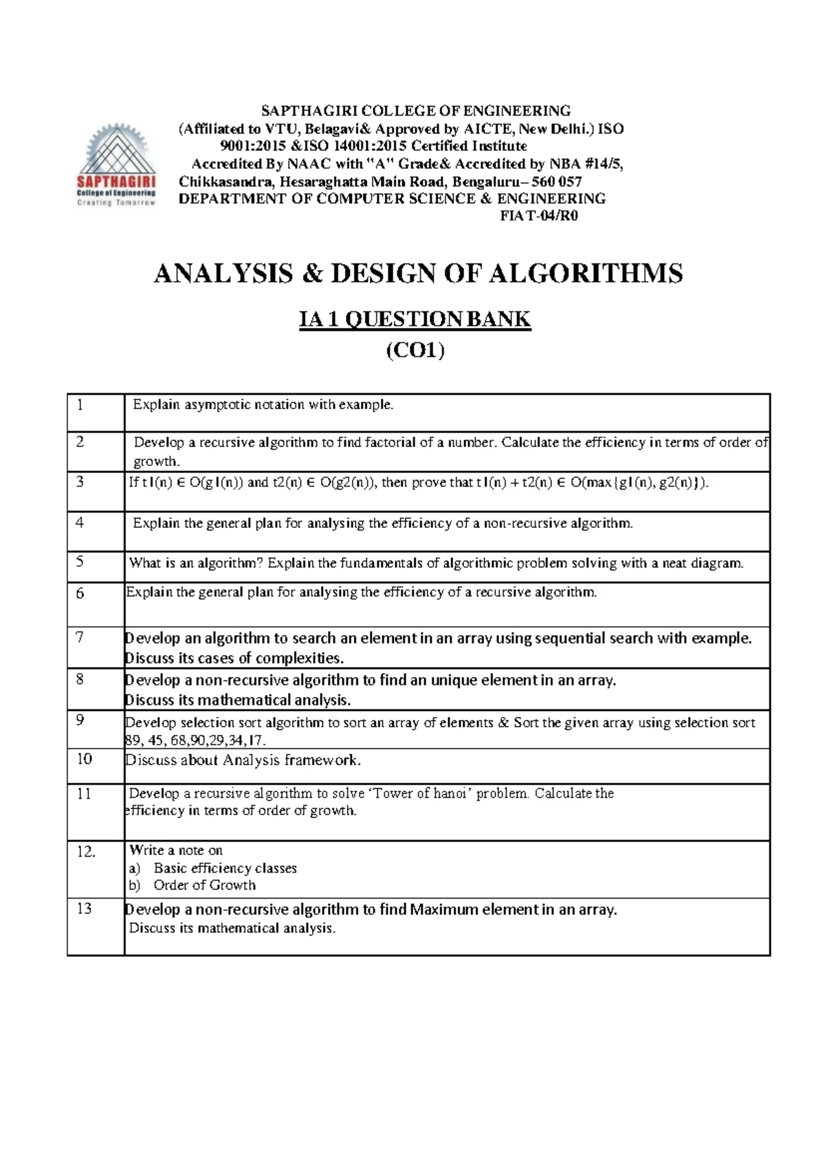Question Bank for IA2: Analysis & Design of Algorithms (CSE) - Studocu