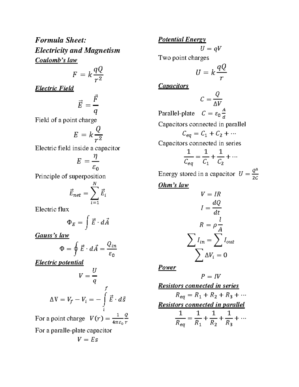 Formula Sheet: Electricity and Magnetism Final Exam 001 - Studocu