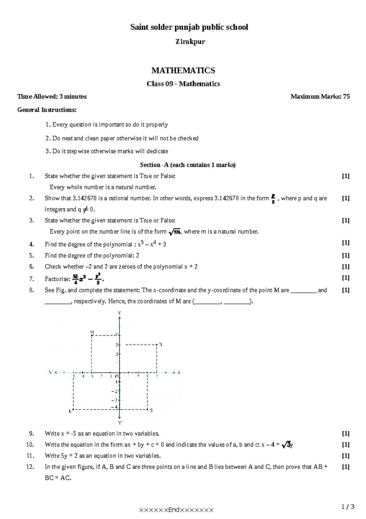Mathematics Class 09 Exam Questions - Ques 2230394 - Studocu