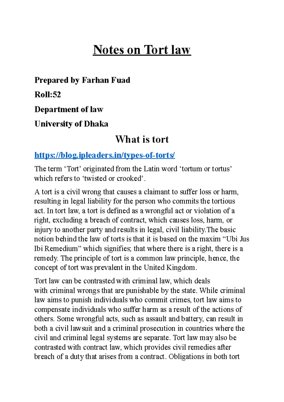 Tort Law Basics: Key Concepts and Cases - Law 101 Notes - Studocu