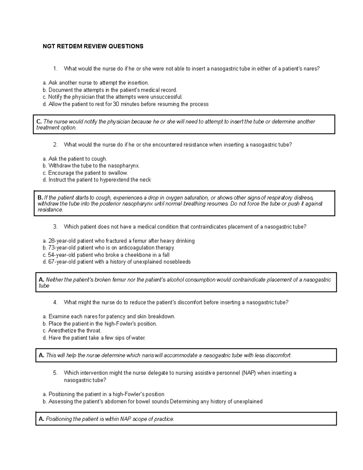 NGT RETDEM Final Review Questions and Answers for Nursing Students ...