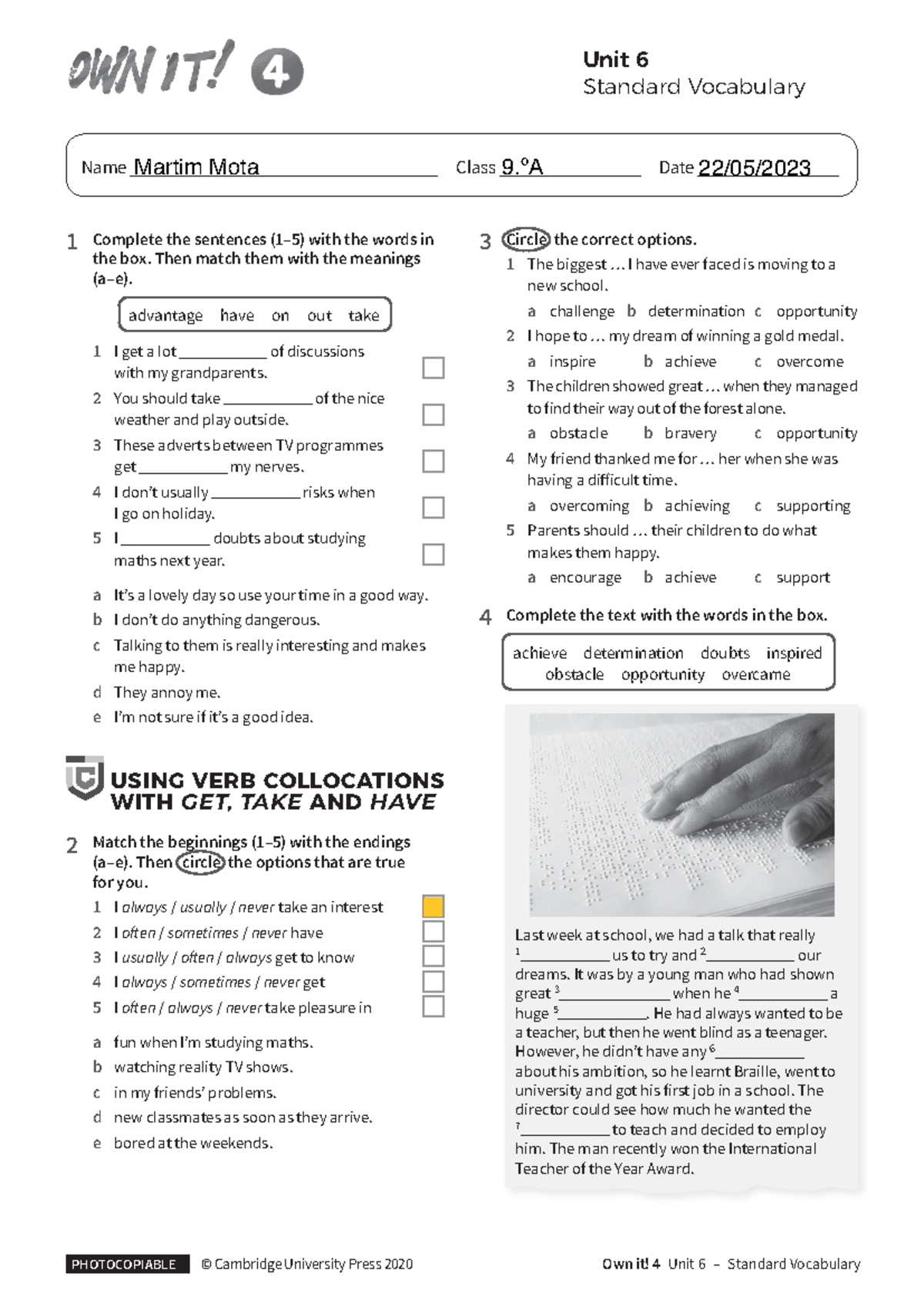 Vocabulary Standard Unit 6 Exercises without Answers - Studocu