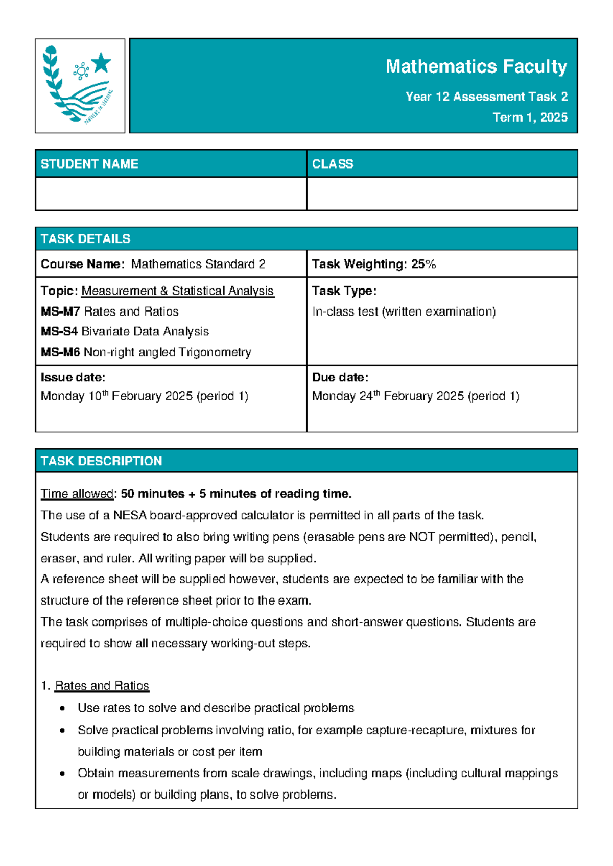 Mathematics Standard 2 Year 12 Assessment Task 2 Notification 2025 ...