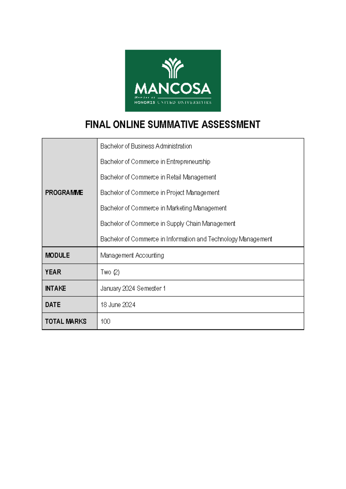 Management Accounting Final OSA (BBA/BCom) - June 2024 Exam Guide - Studocu