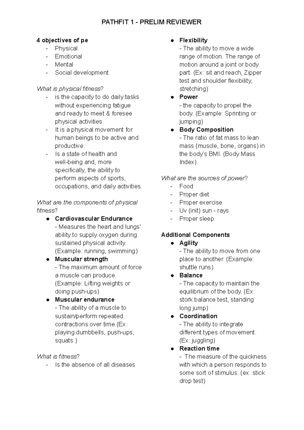 PATHFIT 1 - Prelim Reviewer: Objectives of Physical Fitness - Studocu
