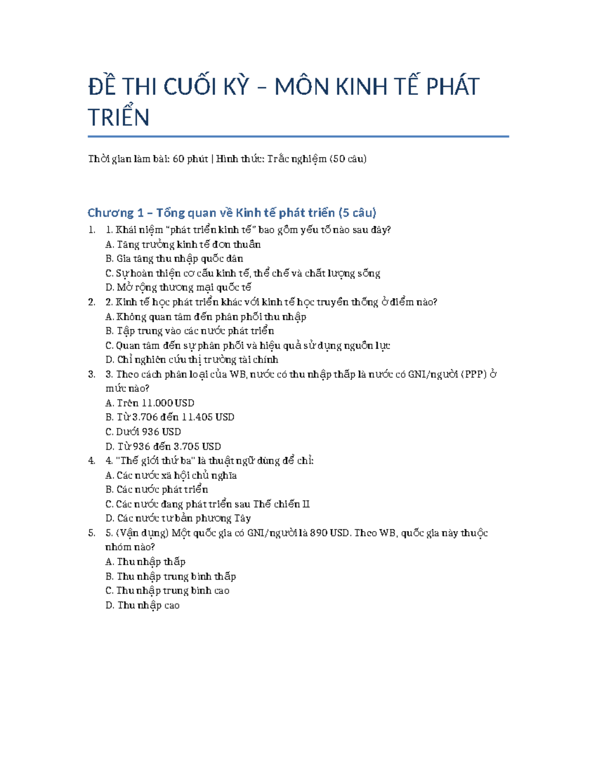 ĐỀ THI CUỐI KỲ MÔN KINH TẾ PHÁT TRIỂN - 60 PHÚT Trắc Nghiệm - Document Preview