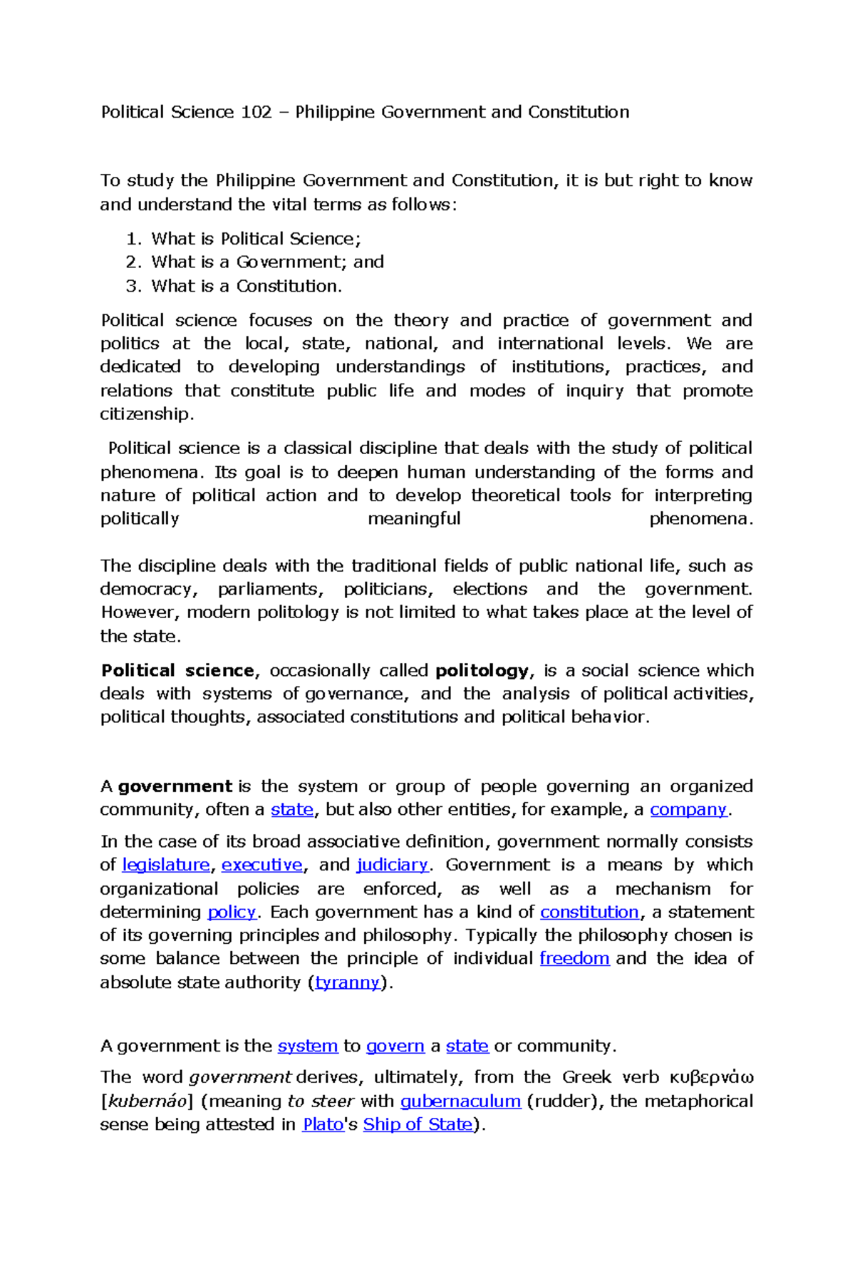 Political Science 102 Essay paper - Political Science 102 – Philippine ...