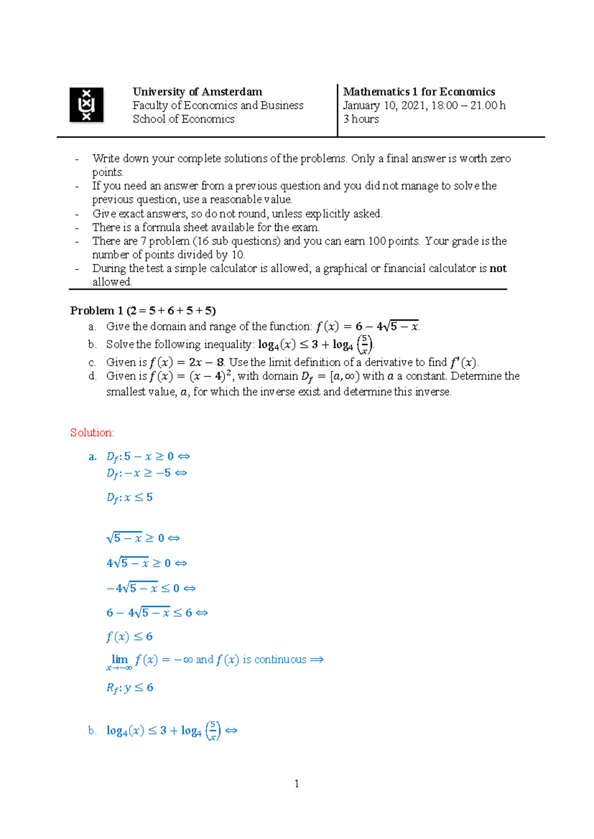 Math 1 Resit Exam 2021 Solutions for Students (Version 3) - Studeersnel