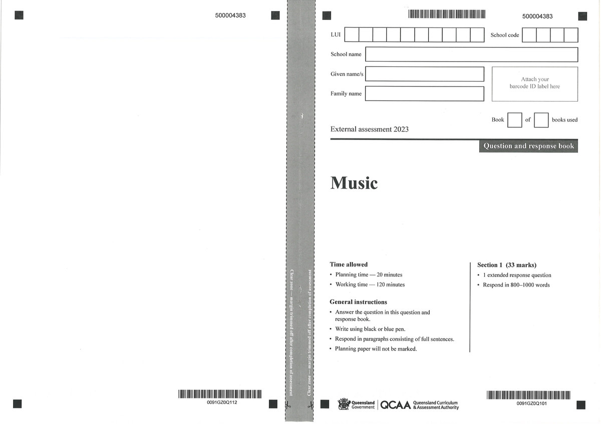 Music QCAA 2023 External Assessment: Question & Response Book - Studocu