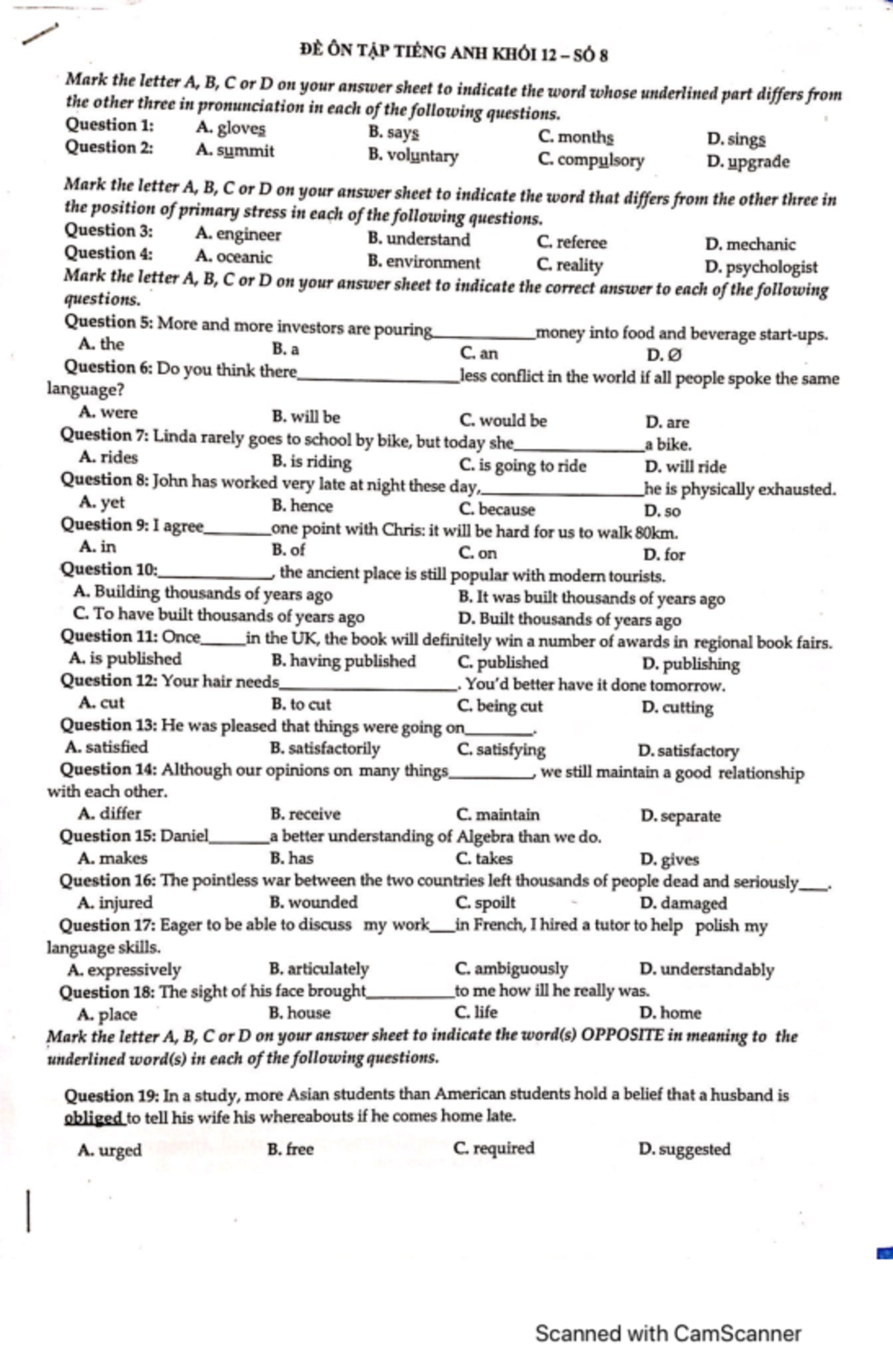 English Practice TEST Grade 12 ( Number 8) - English Grammar 1 - Studocu