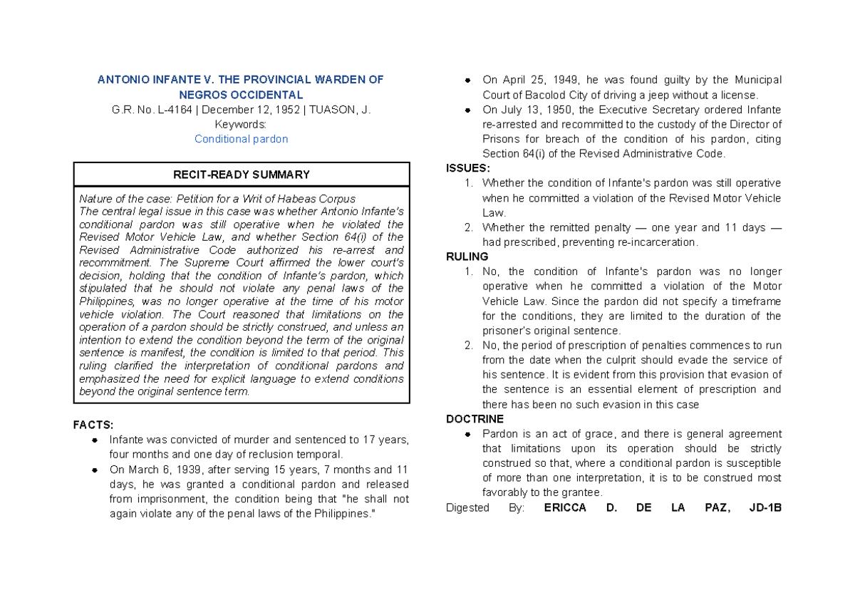 Infante v. Provincial Warden: Conditional Pardon Analysis (G.R. No ...