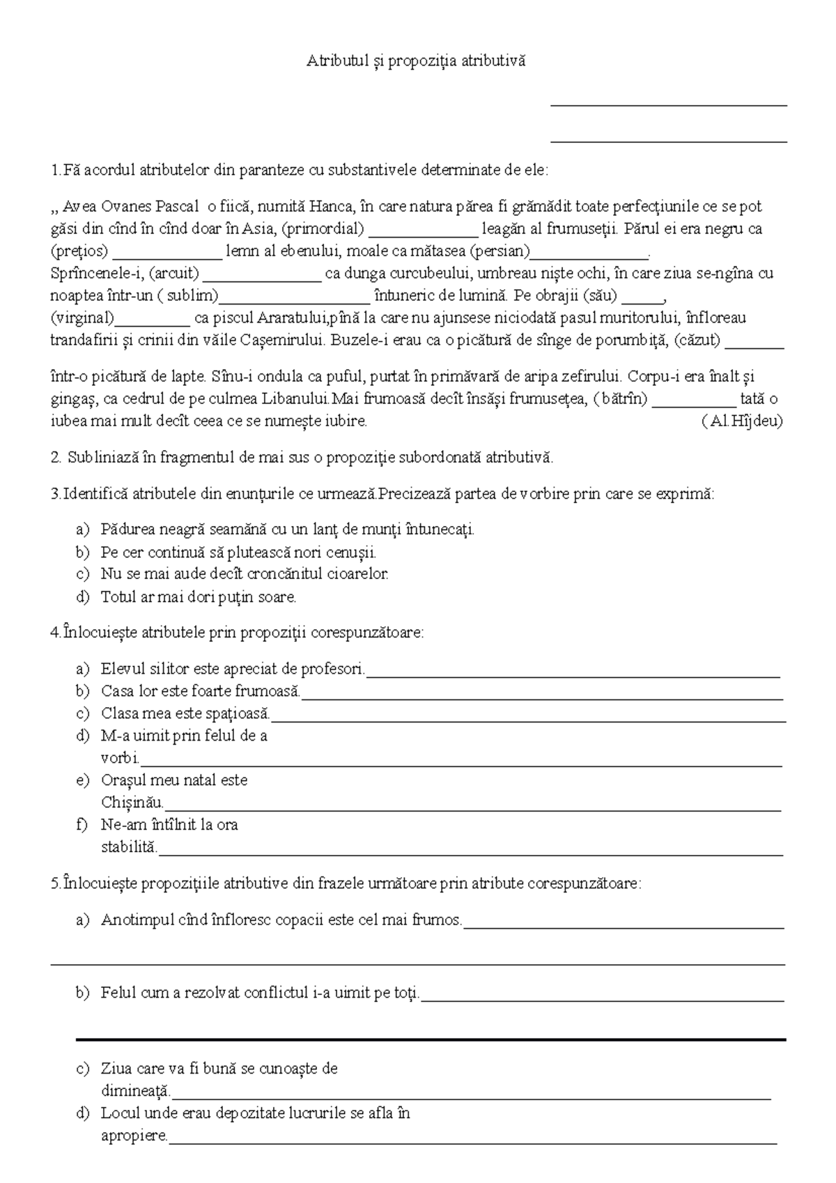 Exerciții Aplicative despre Atributul și Propoziția Atributivă - Studocu