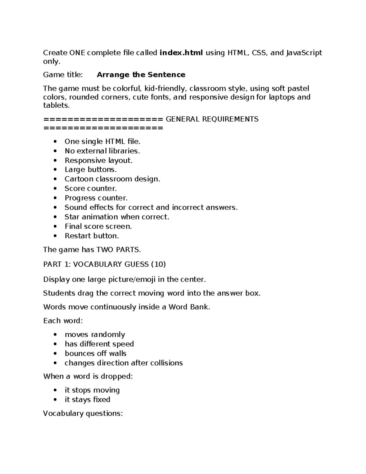 Arrange the Sentence Game (HTML, CSS, JS) - Complete Project - Studocu