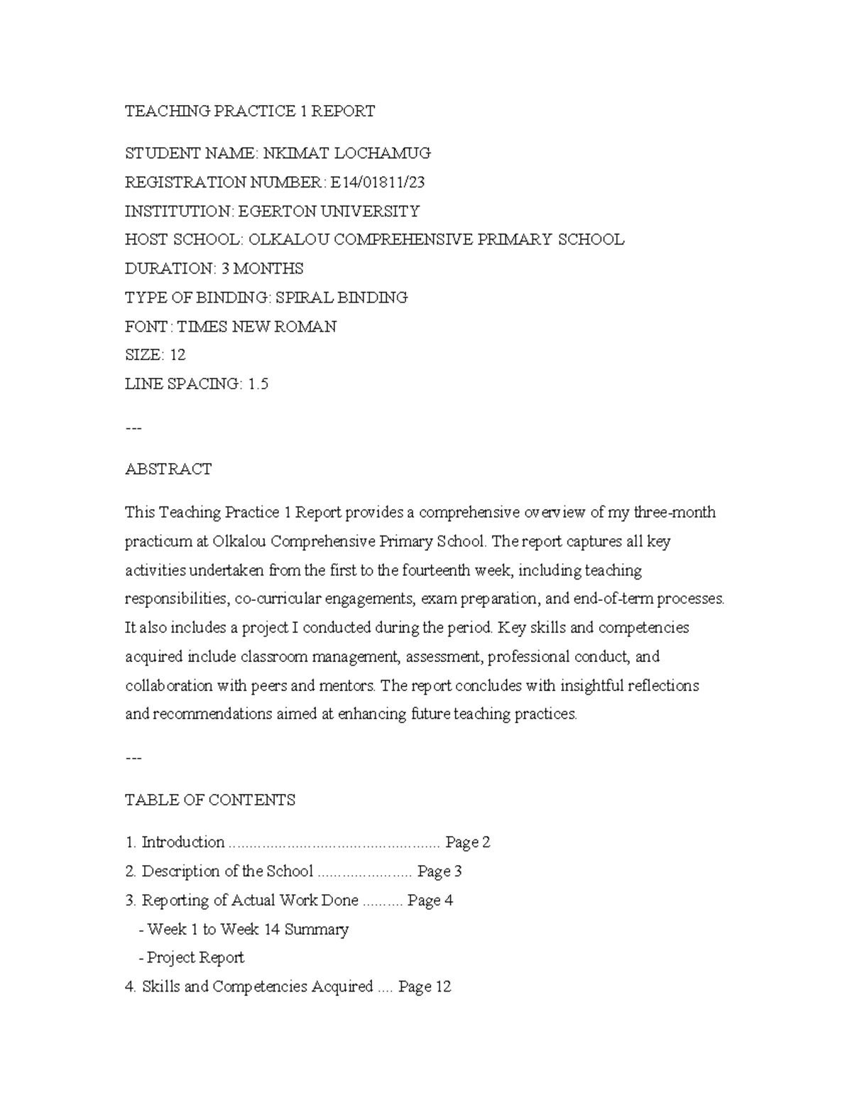 TEACHING PRACTICE 1 REPORT - NKIMAT LOCHAMUG - EGERTON UNIVERSITY - Studocu