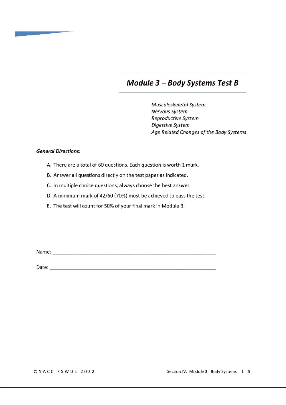 Module 3 B Exam - Module 3 – Body Systems Test B Musculoskeletal System ...