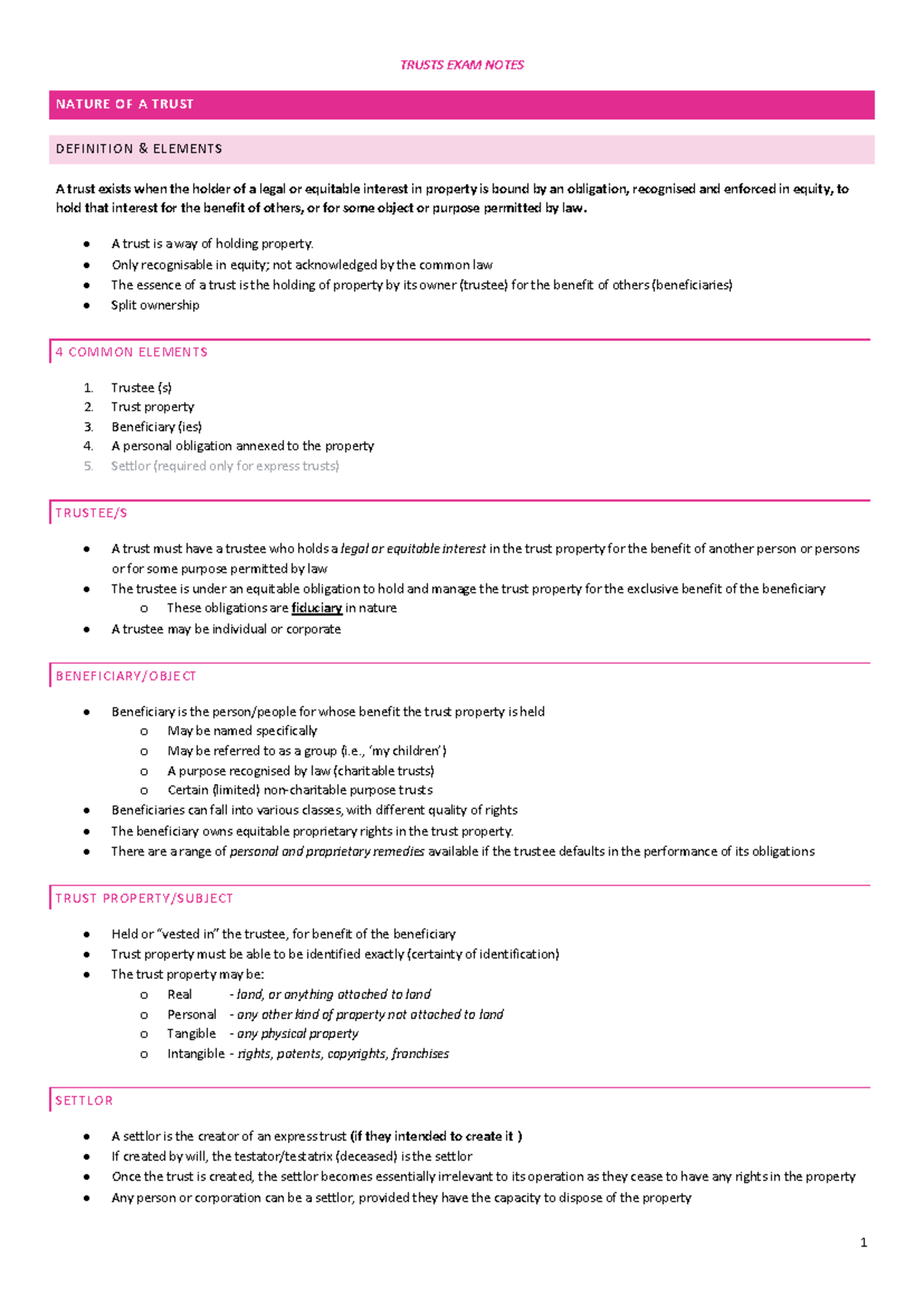 Equity & Trusts Final Exam Notes: Essential Concepts & Definitions ...