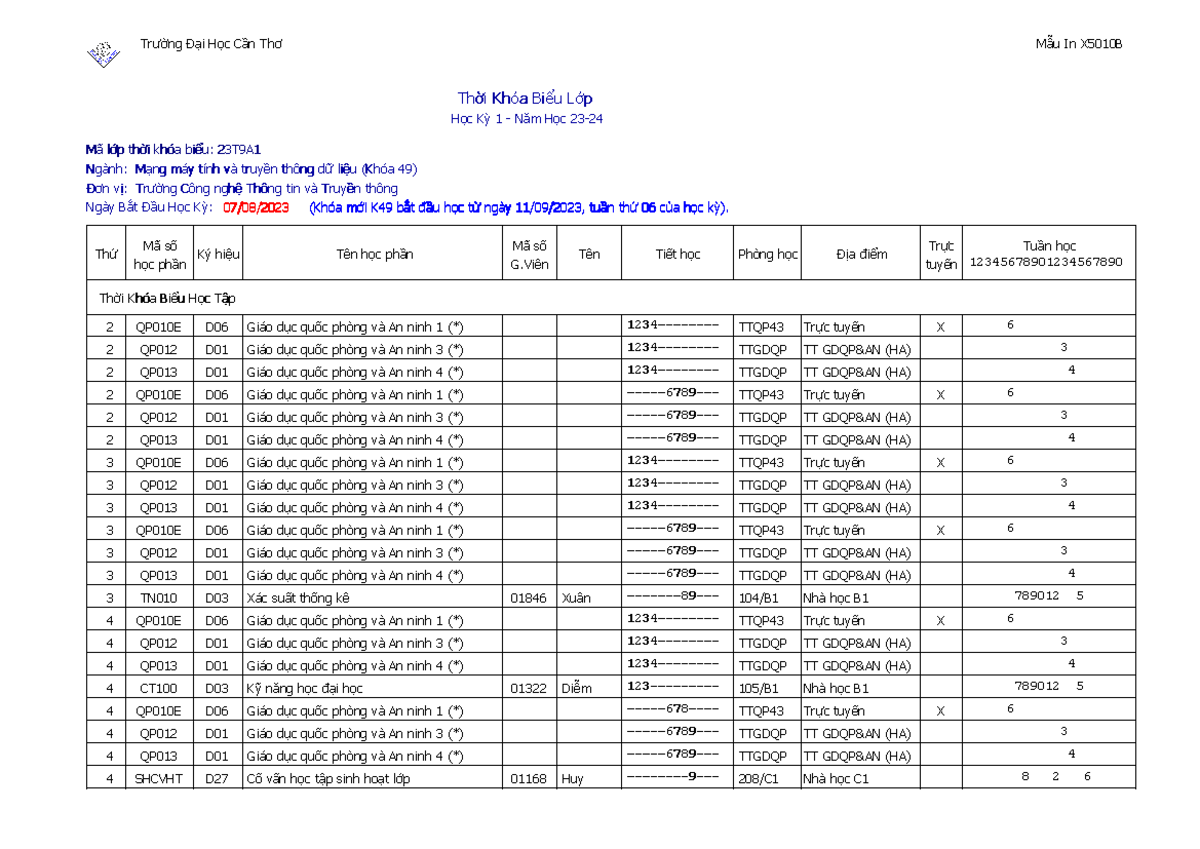 23T9A1 - tttr - Trường Đại Học Cần Thơ Mẫu In X5010B Thời Khóa Biểu ...