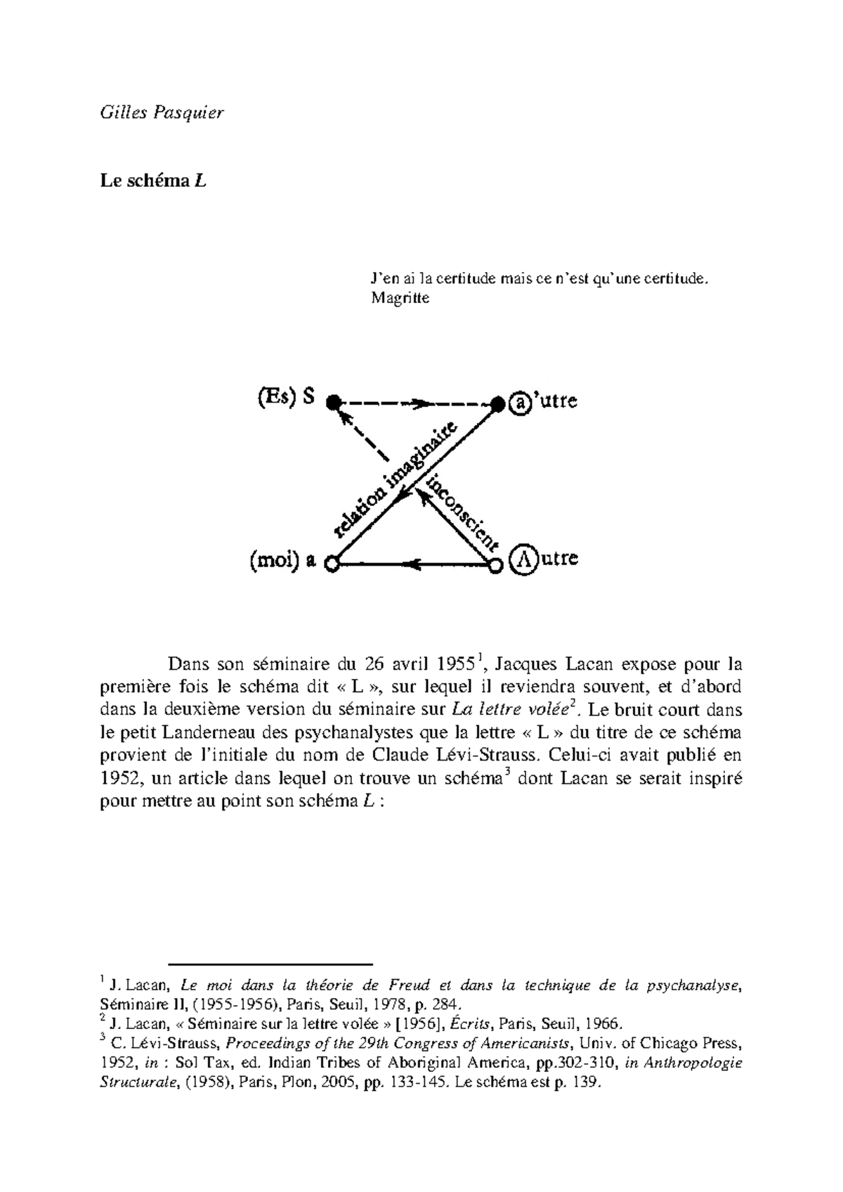 Le schéma L de Lacan : Origines et Implications Psychanalytiques - Studocu