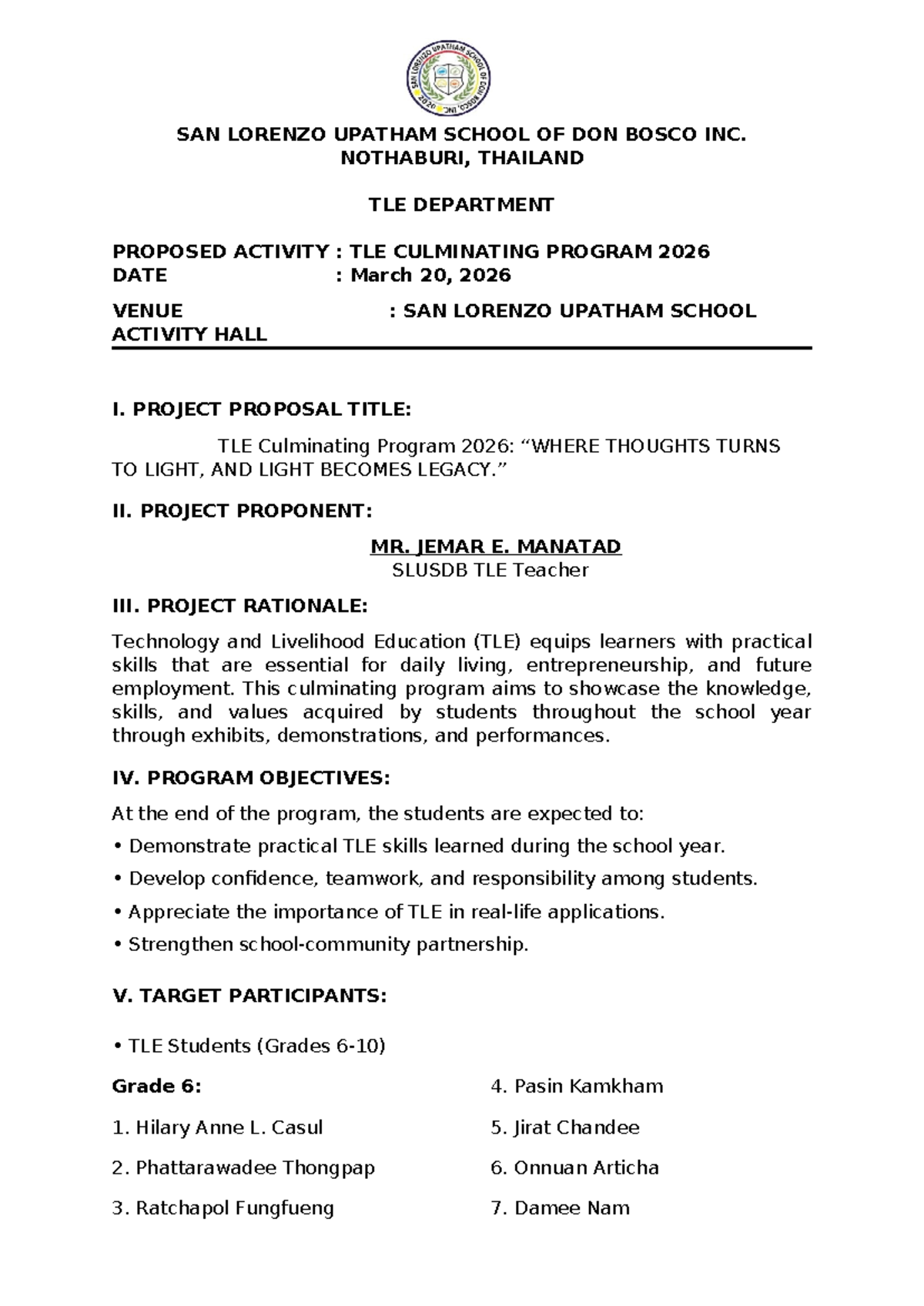 TLE Culminating Program 2026 Proposal: Thoughts Turn to Light - Studocu