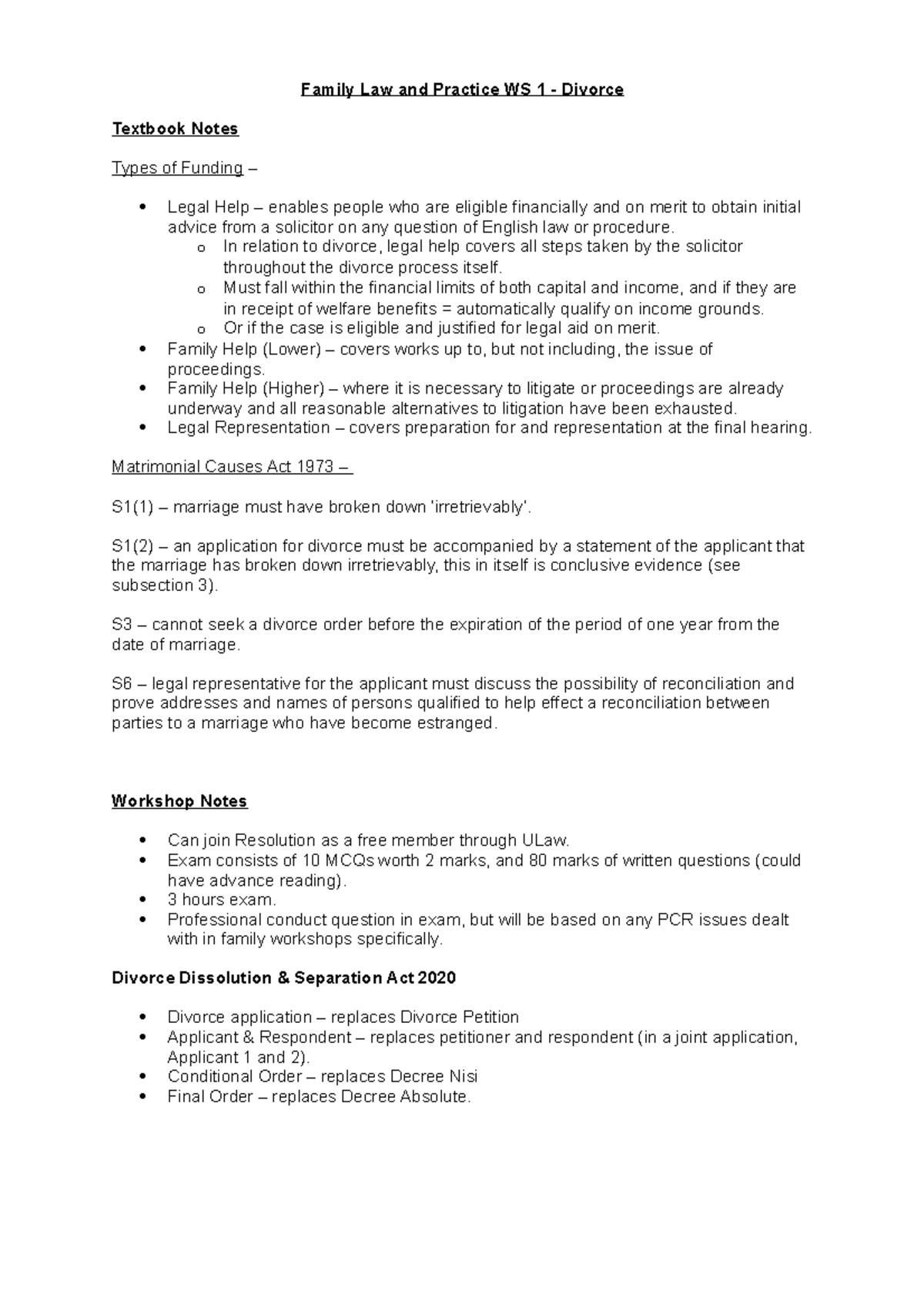 WS 1 Notes - Family Law and Practice WS 1 - Divorce Textbook Notes ...