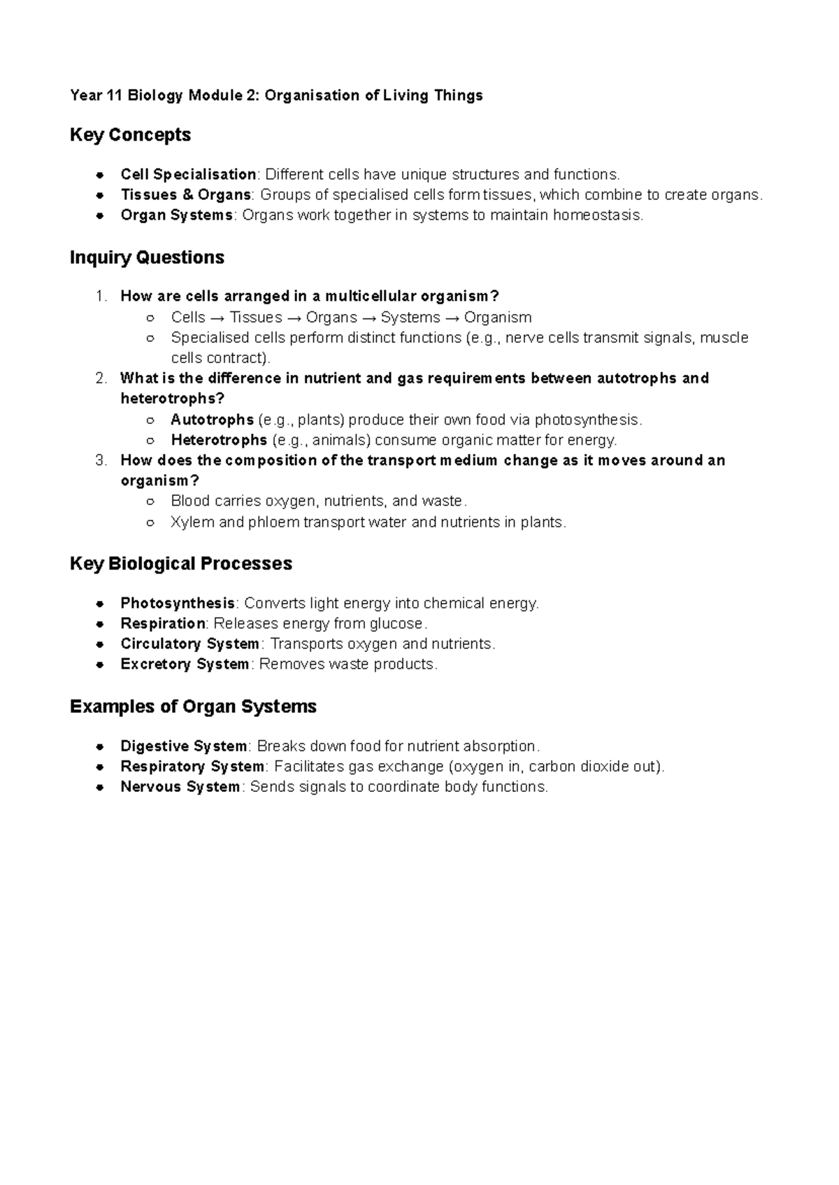 Year 11 Biology Module 2: Key Concepts in Living Organism Organisation ...