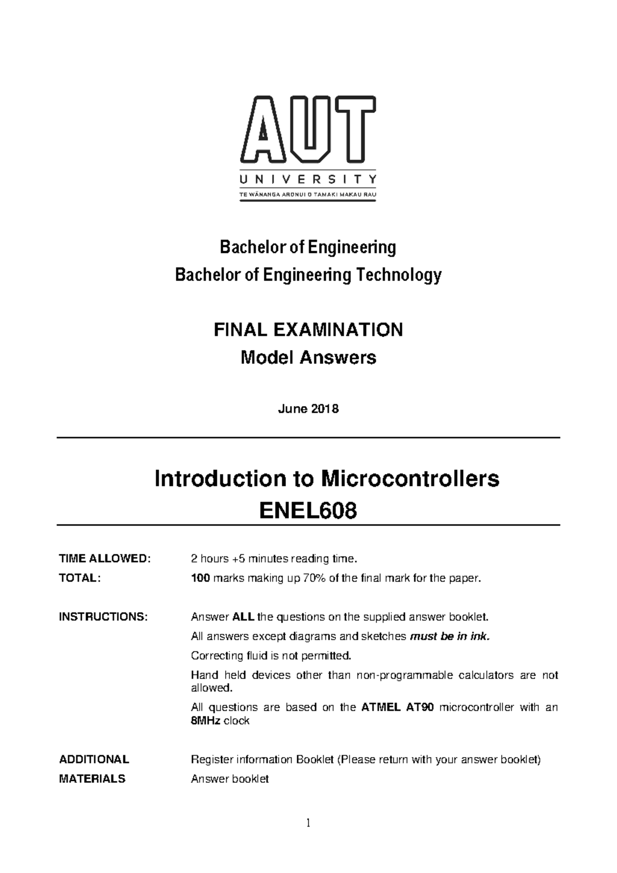 Final Exam 2018 Model Answers - ENEL Microcontrollers - Studocu