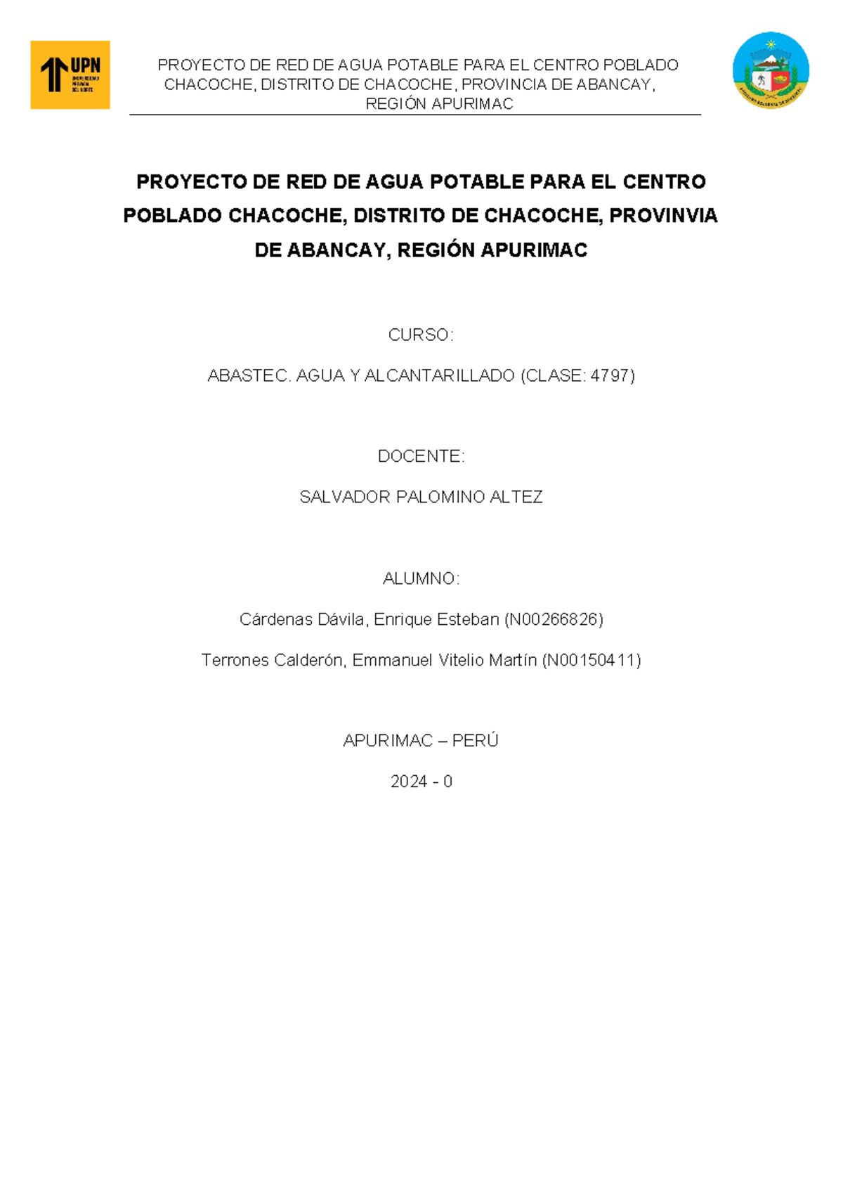 Proyecto de Red de Agua Potable - Clase 4797, Chacoche, Apurímac - Document Preview