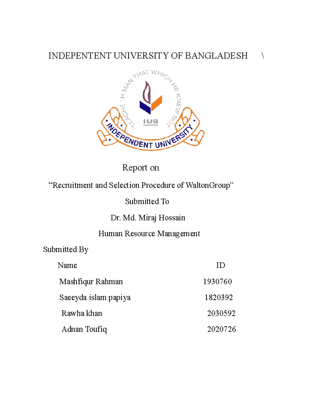 HRM-301 - HRM assignement - INDEPENTENT UNIVERSITY OF BANGLADESH ...