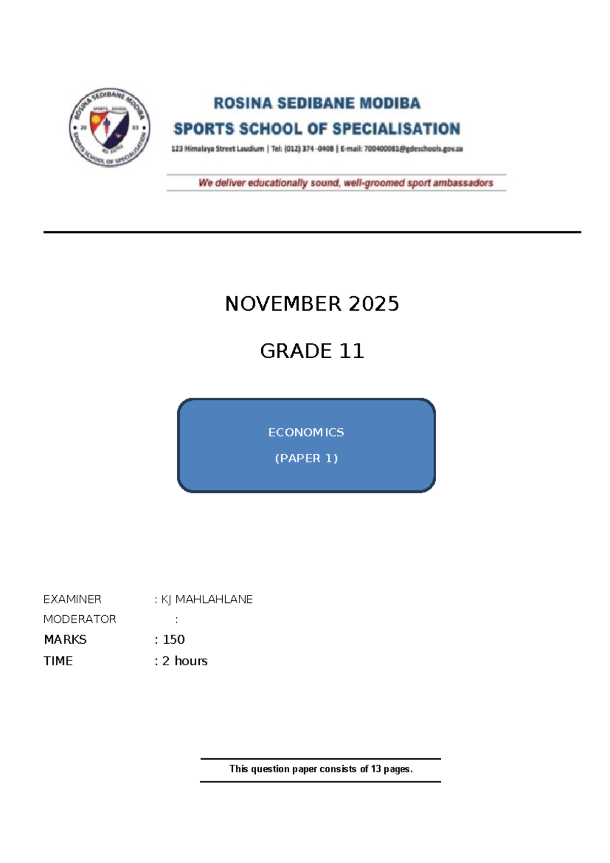 Economics Grade 11 Final Exam Paper 1 - November 2025 - Studocu
