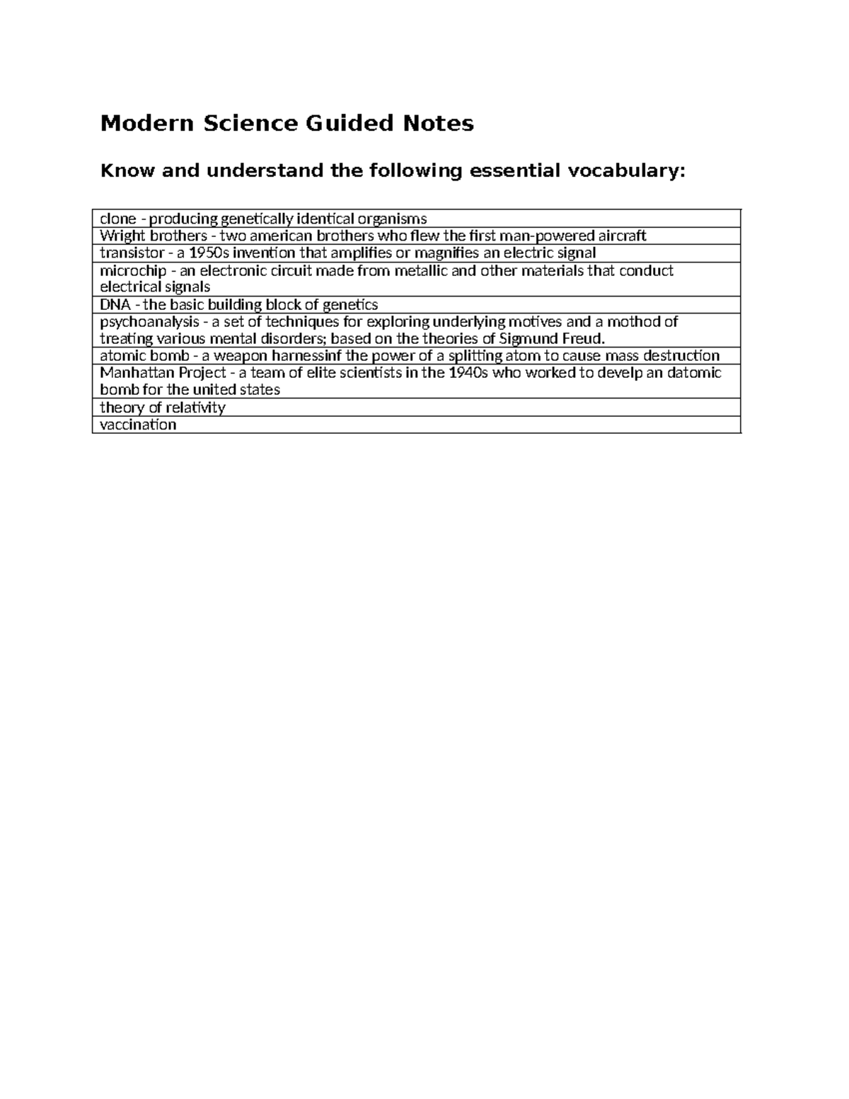 Modern Science Guided Notes: Key Vocabulary & Contributions - Studocu