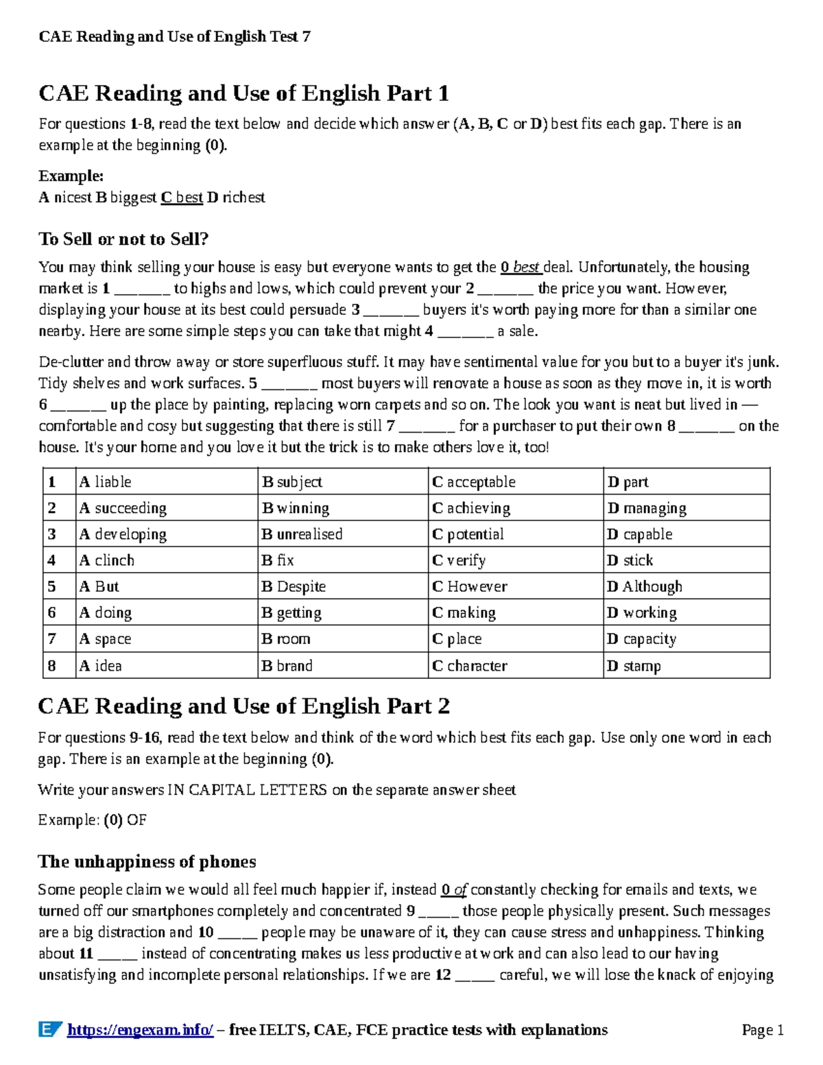 CAE Reading and Use of English Practice Test 7: Complete Guide - Studocu