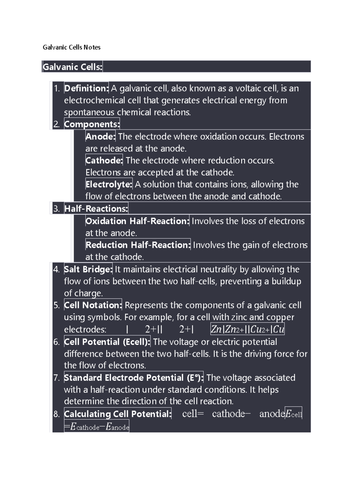 Chemistry 101: Galvanic Cells Lecture Notes on Electrochemical Cells ...