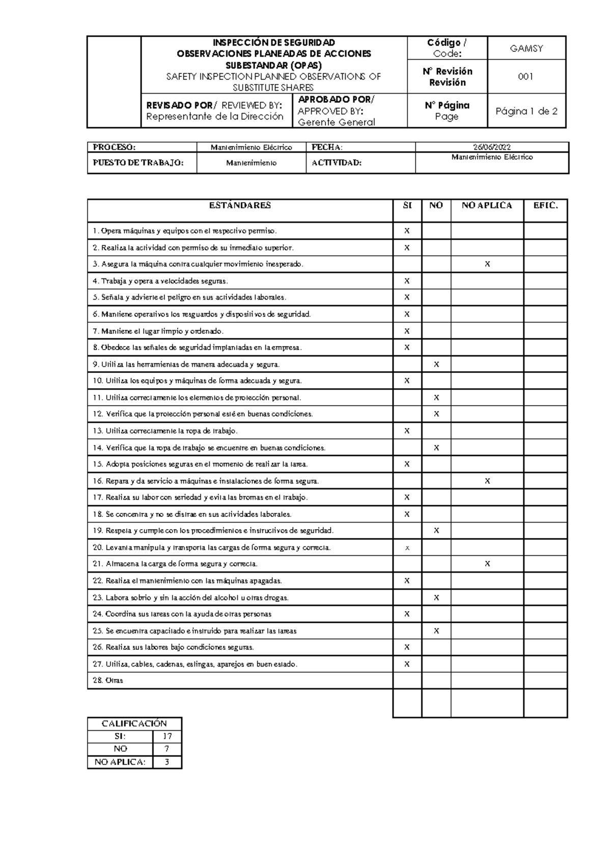 Inspección de Seguridad Subestándar (OPAS) - Informe GAMSY 001 - Studocu