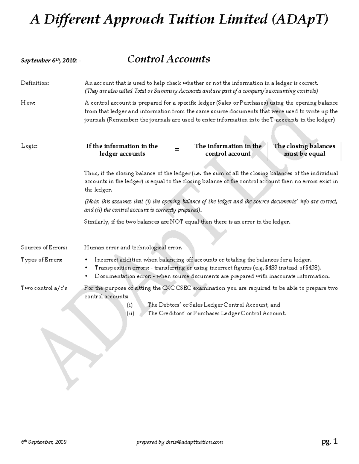 Control Accounts Lesson Write-up - A Different Approach Tuition Limited ...