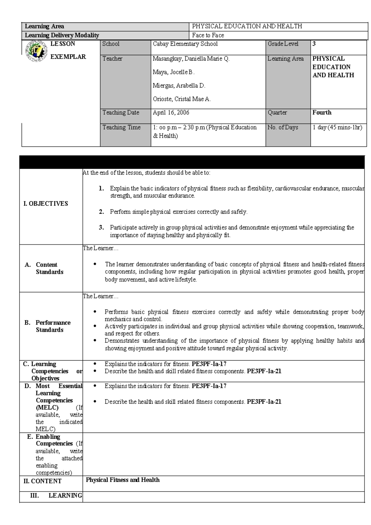 PEH 3 Lesson Plan: Physical Fitness & Health Activities - Studocu